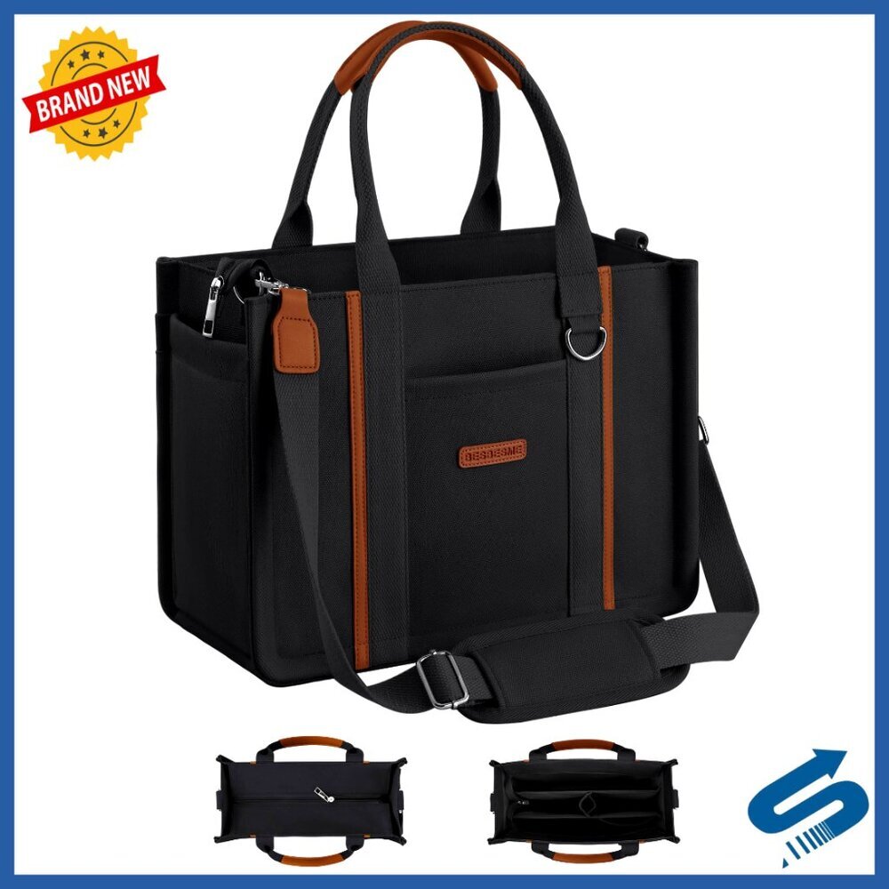 Canvas Tote Bag with Zipper Multi-Pocket Laptop Work Crossbody Shoulder Purse